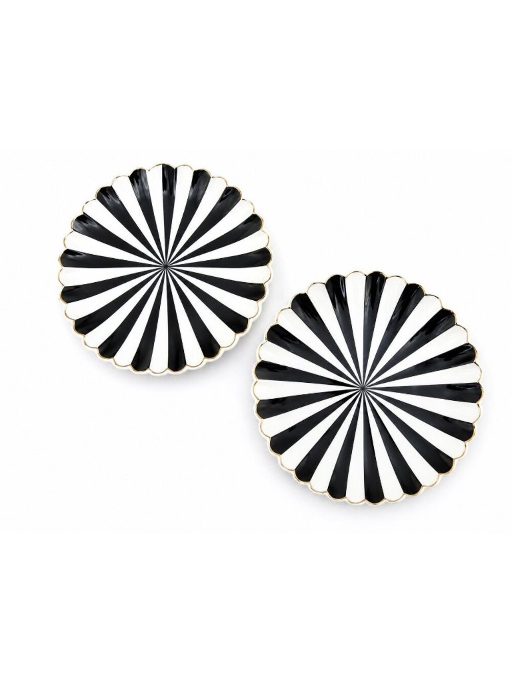 2 Black White Pinwheel Dessert Plates 8.5 Gold Trim Halloween Decor Bold
